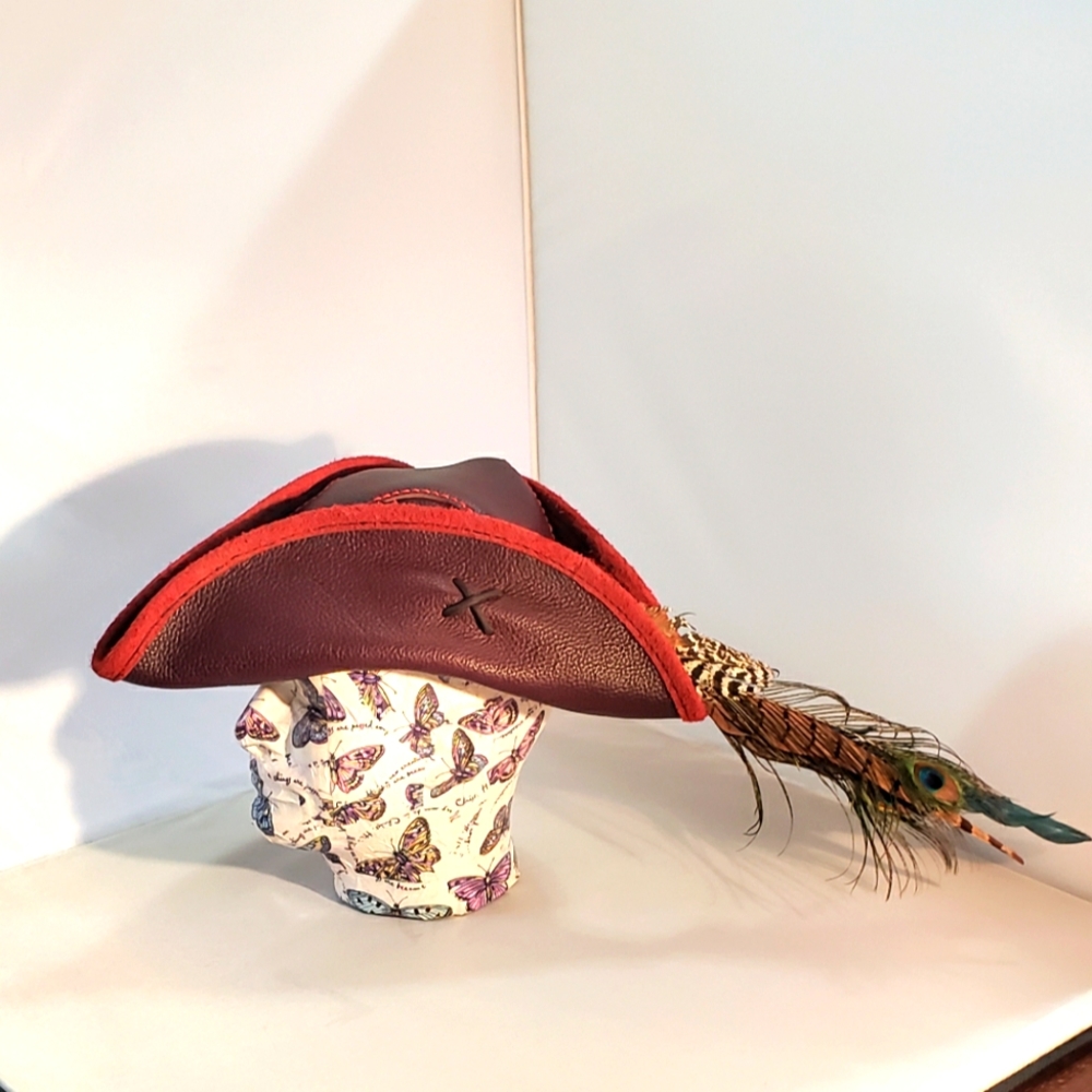 Pirate Hat Leather Hand Stitched Hand Crafted  accents Feathers